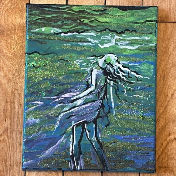 Original Acrylic Painting with Glitter- Underwater Woman swimming 8x10 - Picture 3 of 7